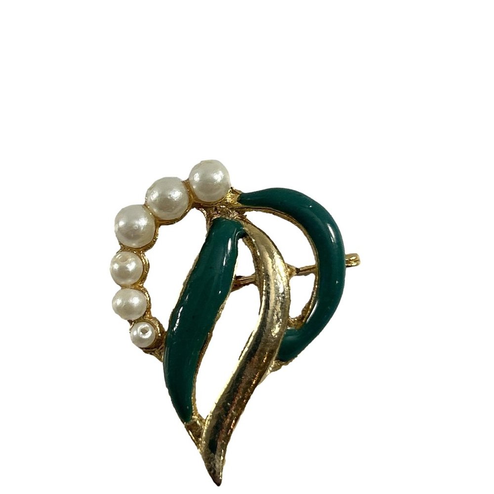 Unbranded Heart Shaped Open Work Brooch Pin Open Work Faux Pearl Green Enamel
